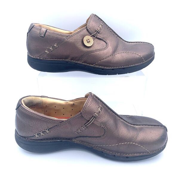 Clarks Structured Bronze Leather Comfort Loafers Slip-On Shoes Women’ Size 8 - Picture 5 of 10